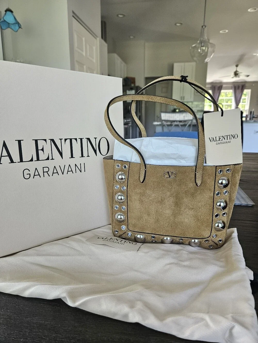 ***SOLD***NWT Valentino Garavani Nellcote Tan Suede Studded Mini Tote - Picture 1 of 6